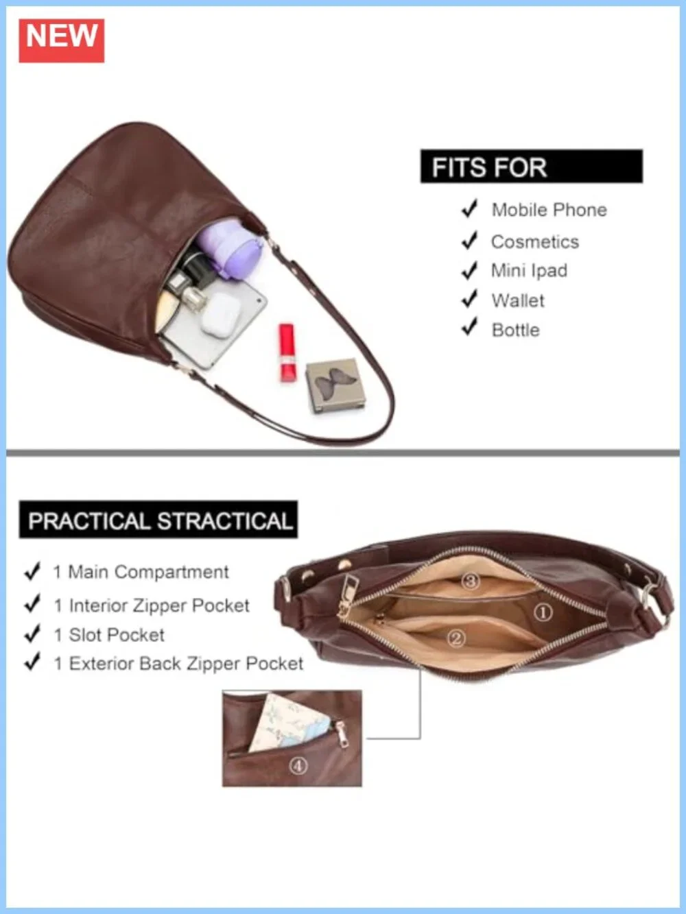 Vegan Leather Hobo Shoulder Bag Crossbody Purse Adjustable Strap